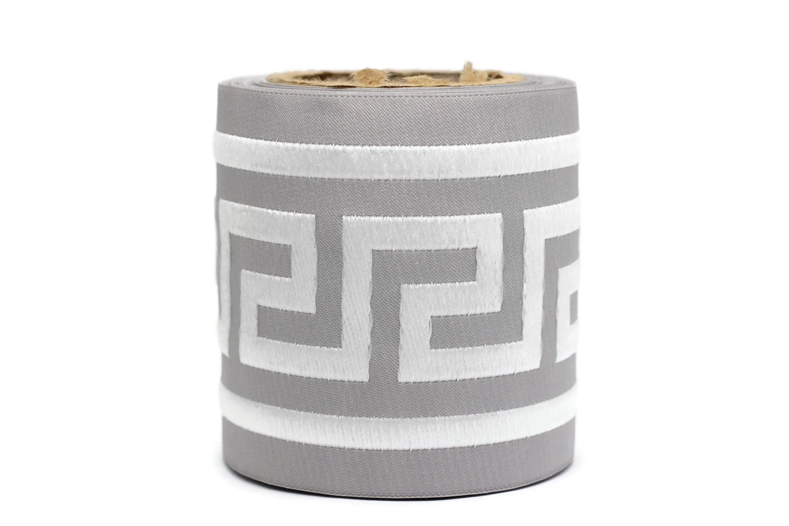 100mm Gray&White Greek Key Ribbons (3.93 inch), Meander Jacquard Trim, Drapery Trim Tape, Curtain Making Drapery Banding 197 V1