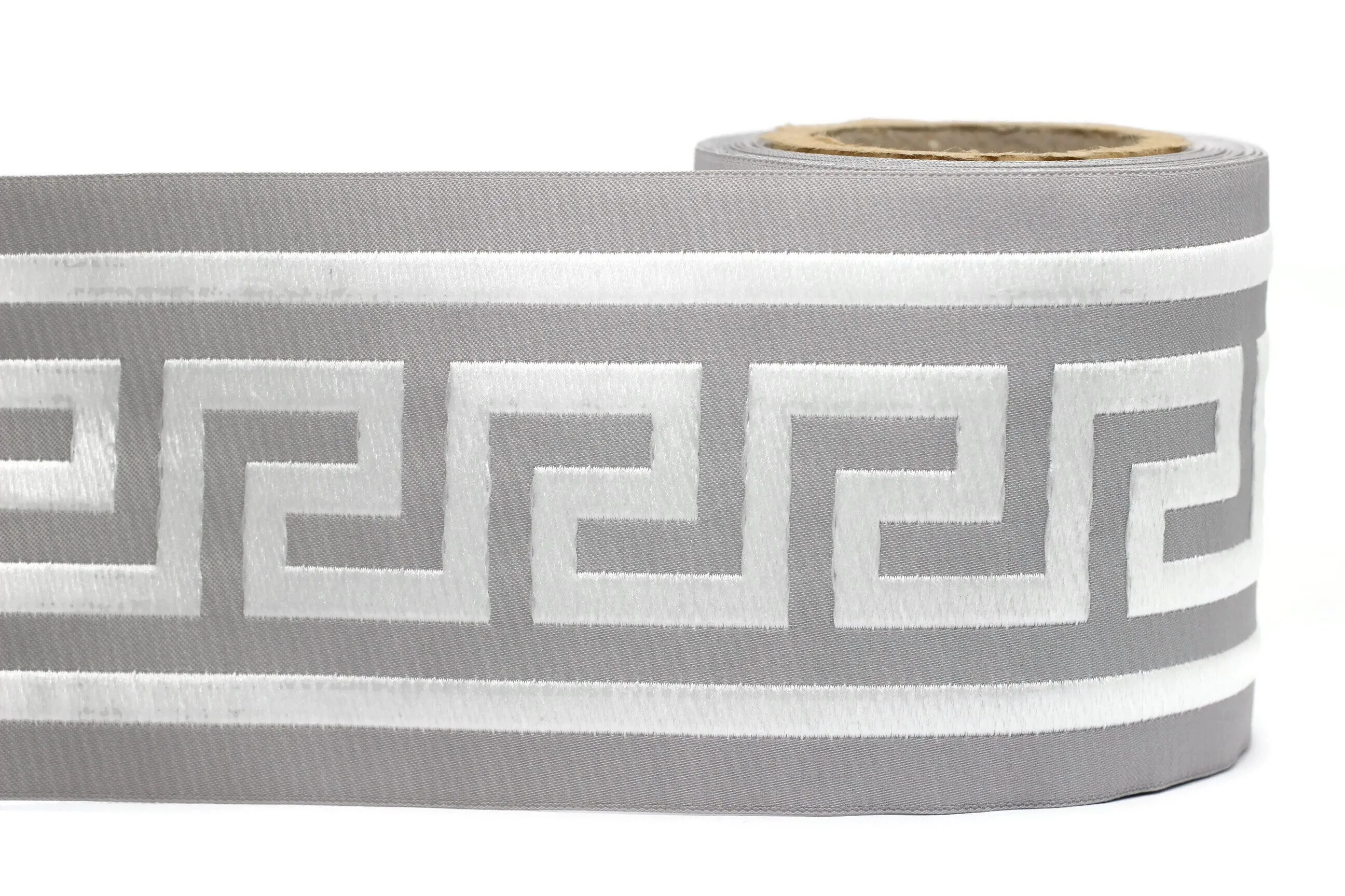 100mm Gray&White Greek Key Ribbons (3.93 inch), Meander Jacquard Trim, Drapery Trim Tape, Curtain Making Drapery Banding 197 V1