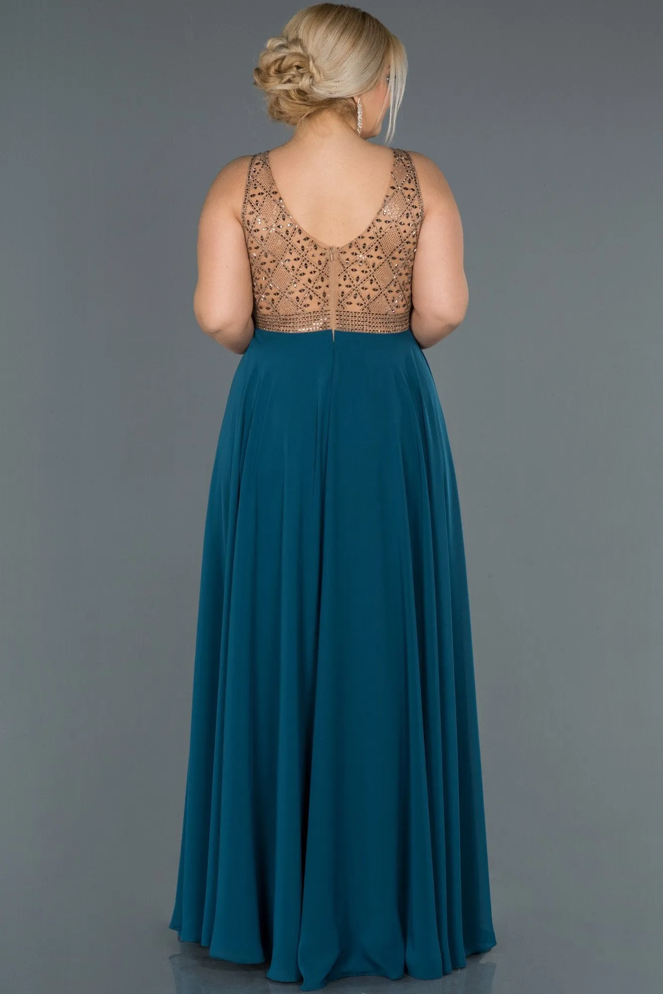 16613 Petrol Green-Gold Stone Embroidered Tulle Chiffon Dress