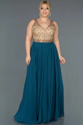 16613 Petrol Green-Gold Stone Embroidered Tulle Chiffon Dress