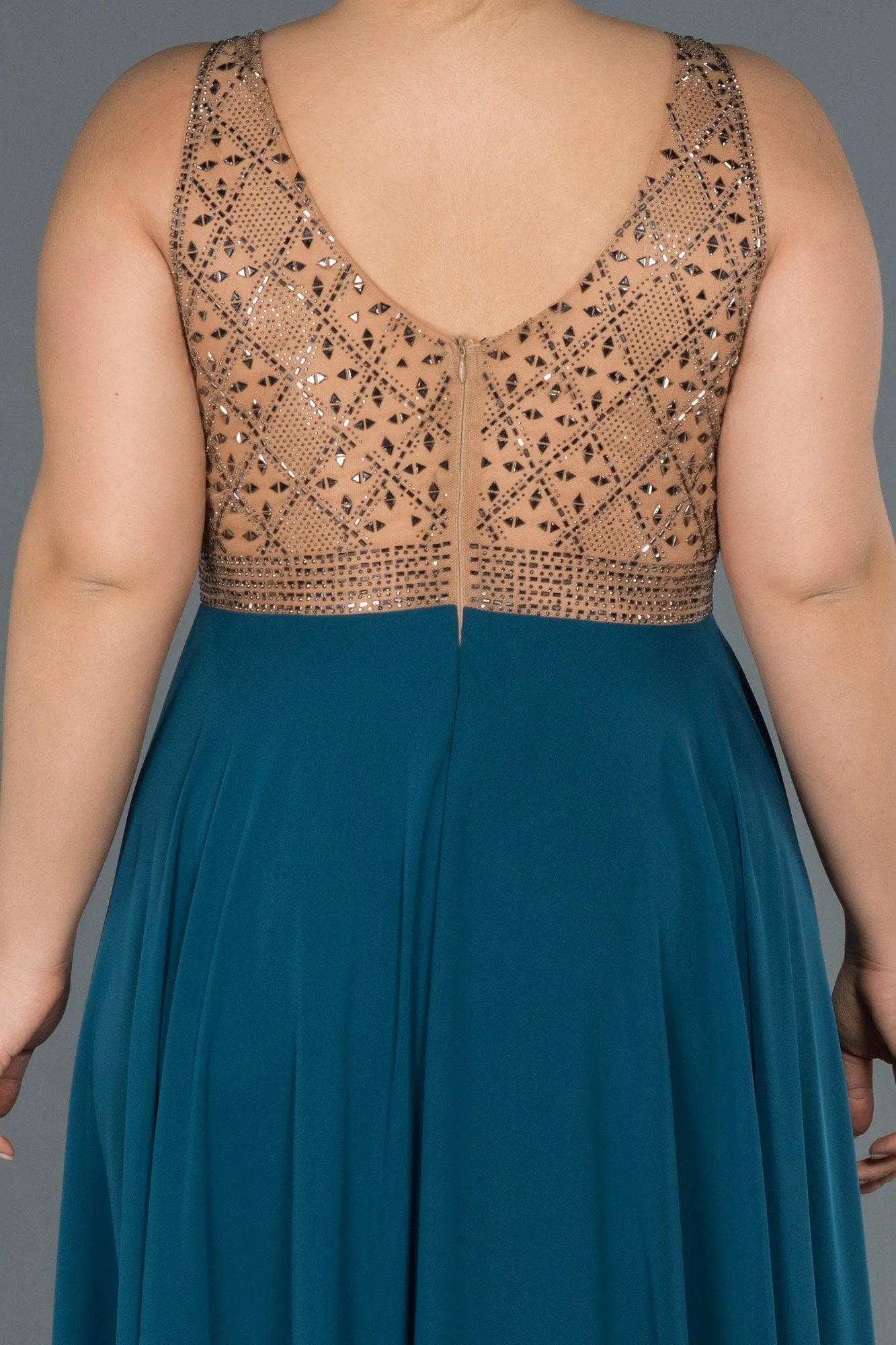 16613 Petrol Green-Gold Stone Embroidered Tulle Chiffon Dress