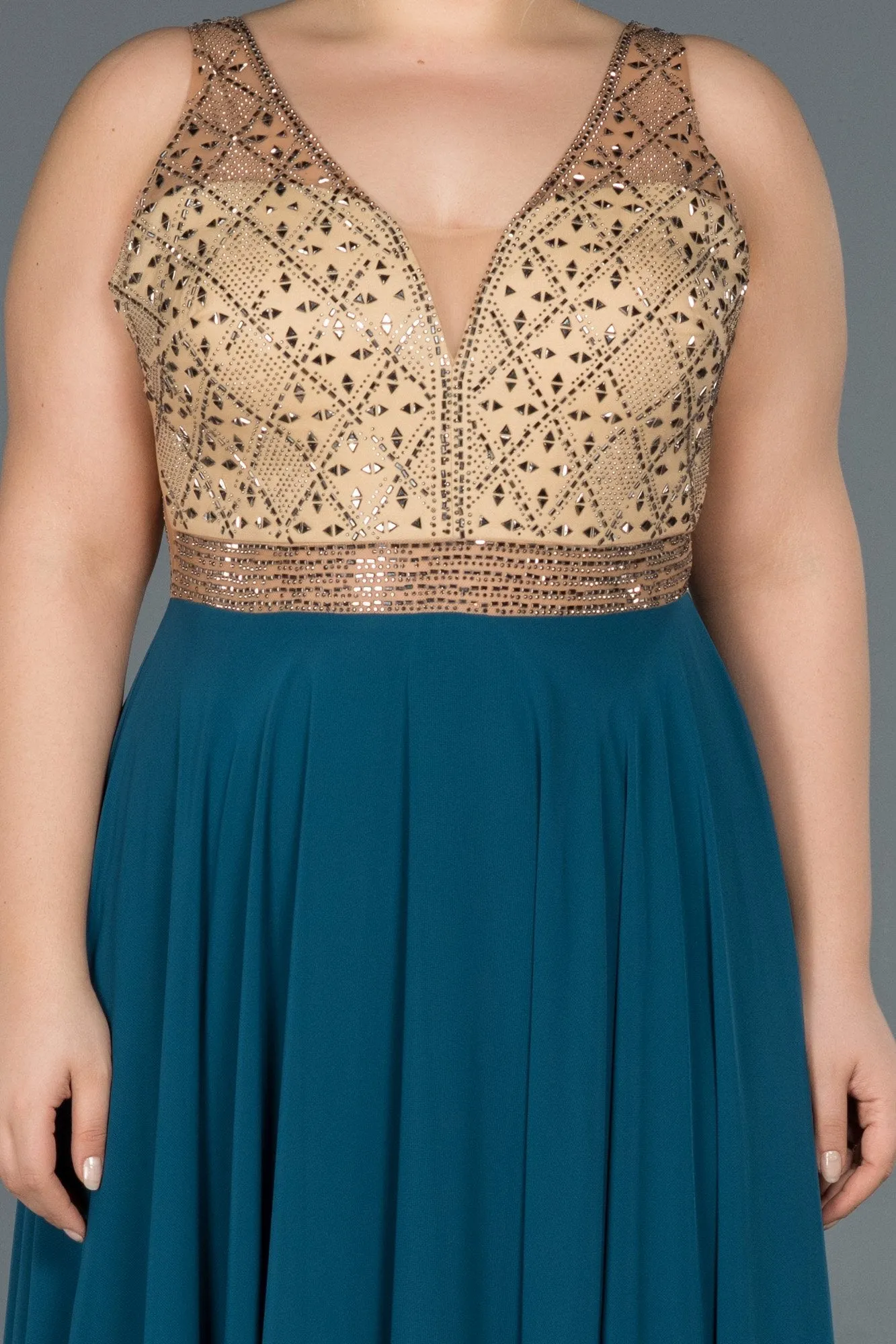16613 Petrol Green-Gold Stone Embroidered Tulle Chiffon Dress