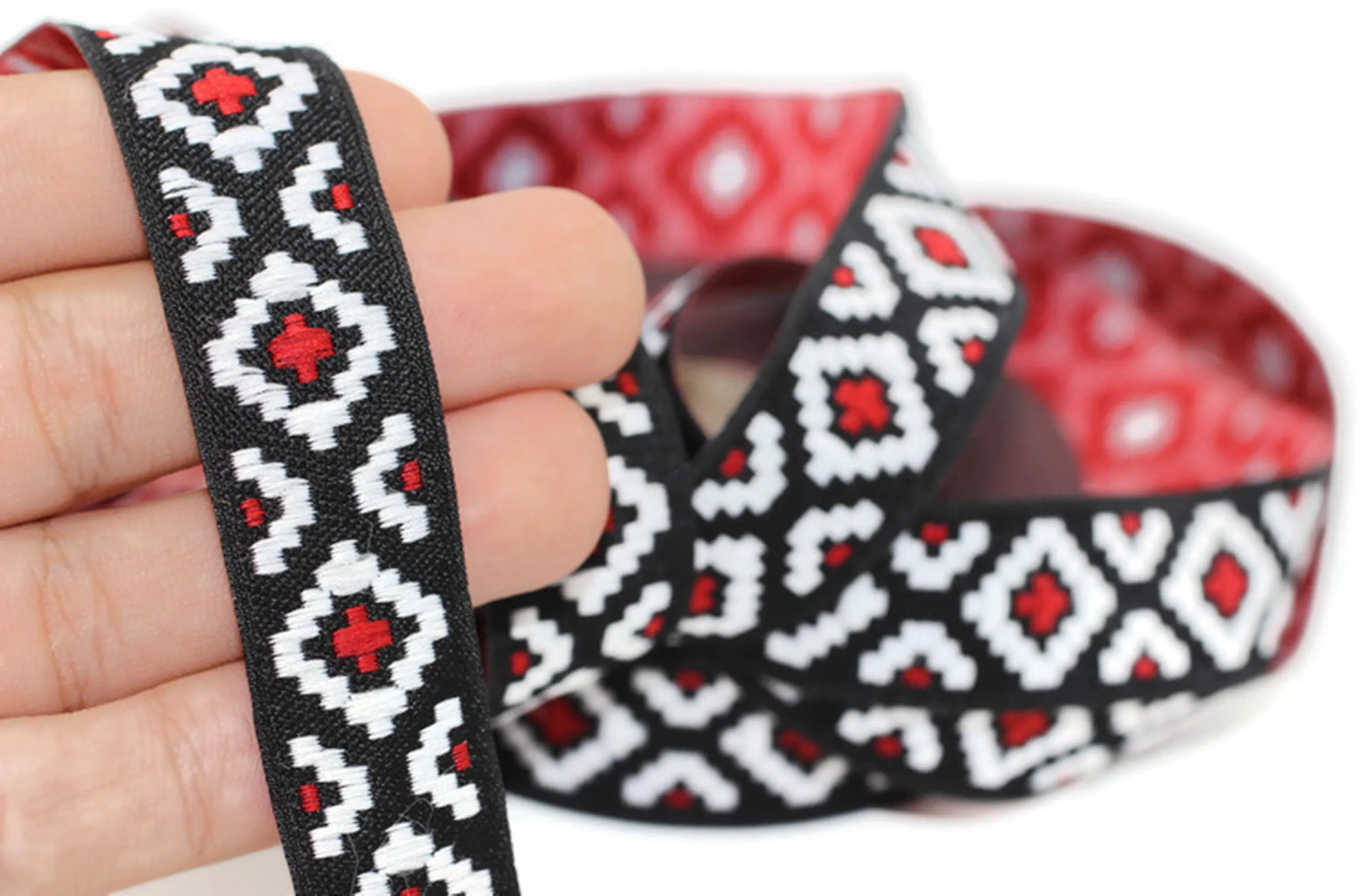 20 mm Red Mosaic Ribbon  (0.78 inch) | Mosaic trim | Jacquard ribbon trim | Fabric wide trims | Craft supplie | Vintage trim | 20280