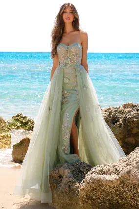 AC TM1002 - Strapless A-Line Prom Gown With 3D Floral Embellishments Over Sheer Boned Bodice & Lace Up Corset Back