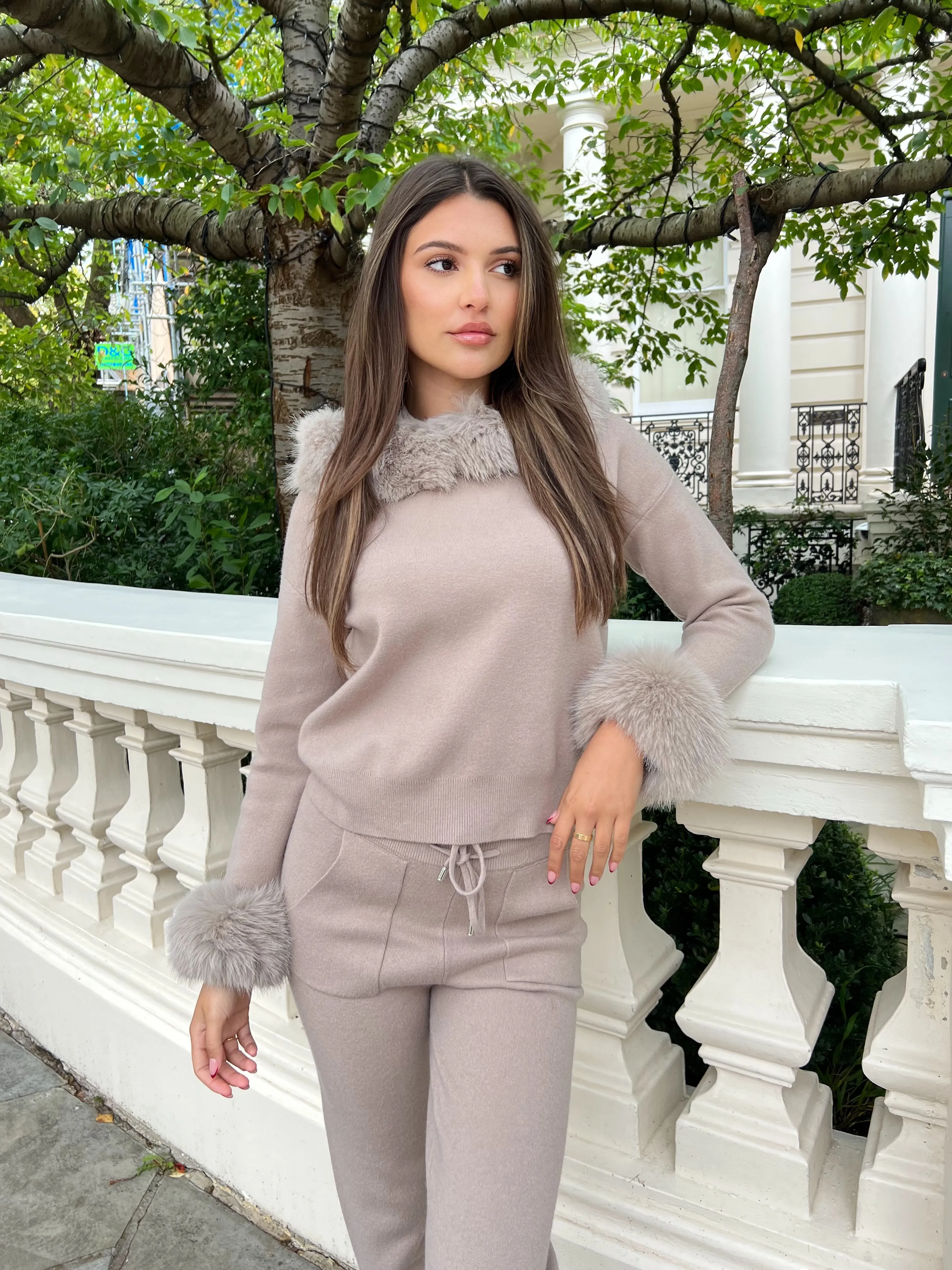 Beige Premium Faux Fur Trim Hood & Cuff Jogger Tracksuit