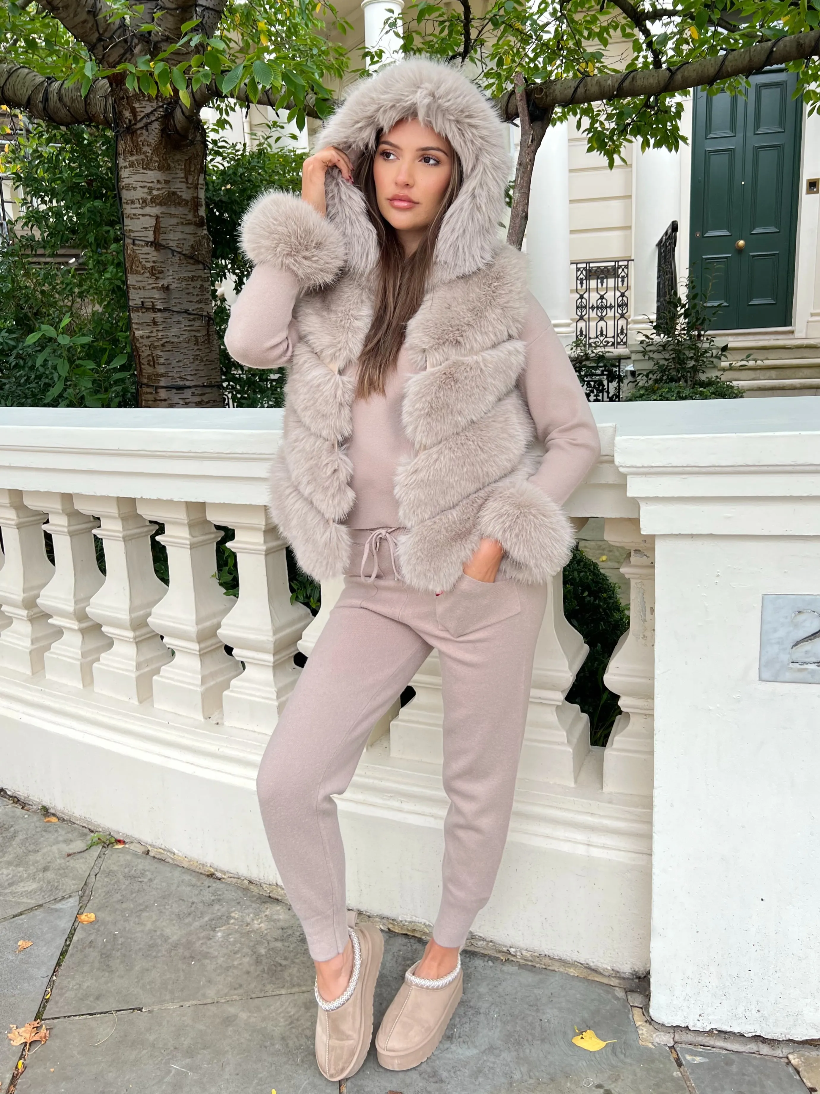 Beige Premium Faux Fur Trim Hood & Cuff Jogger Tracksuit