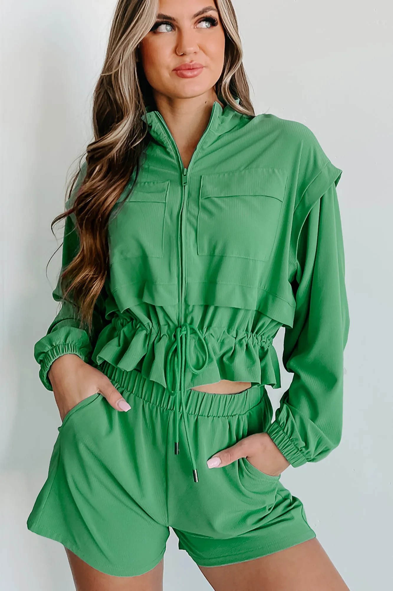 Bettering Myself Textured Woven Jacket & Shorts Active Set (Green)
