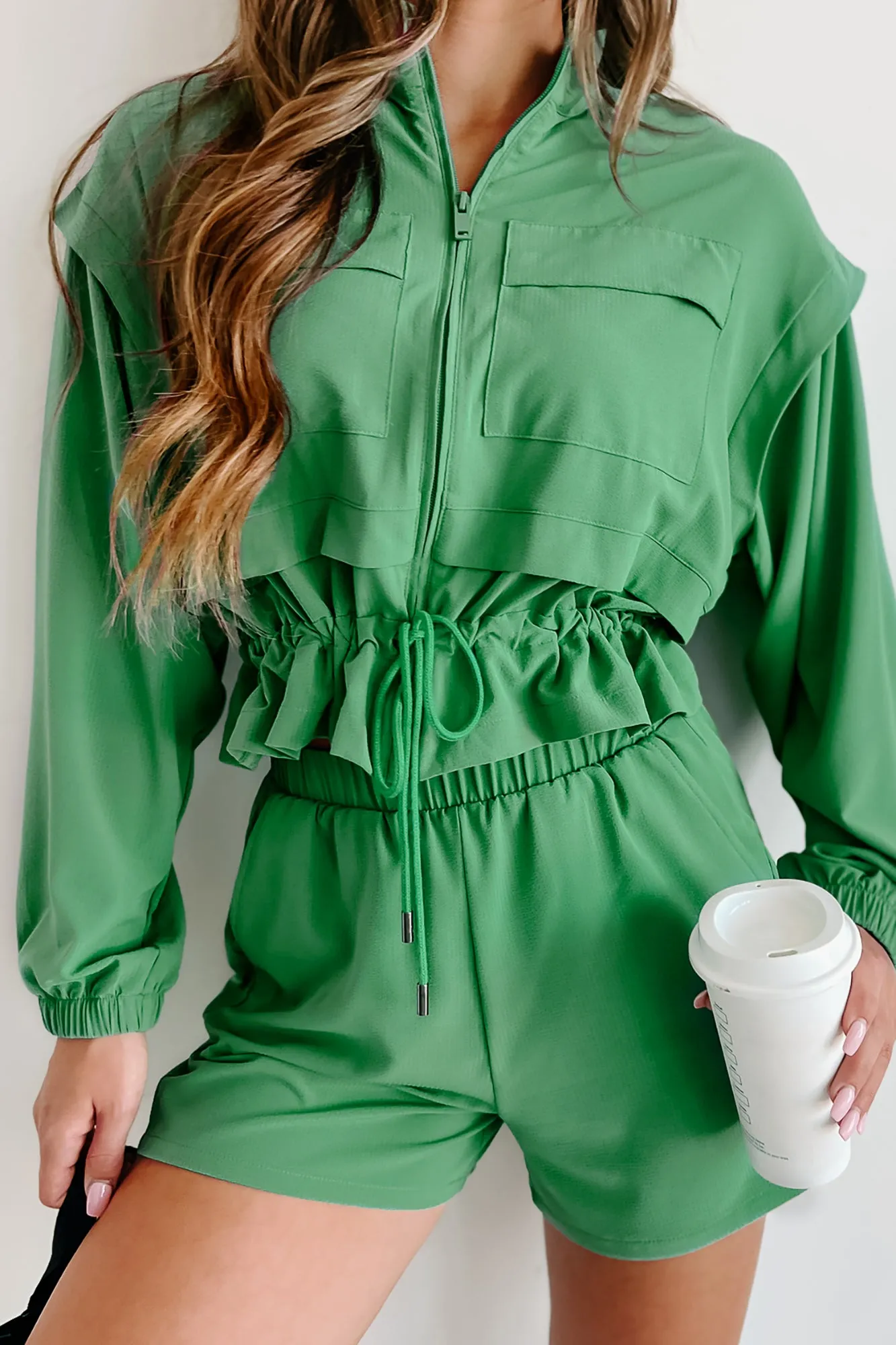Bettering Myself Textured Woven Jacket & Shorts Active Set (Green)