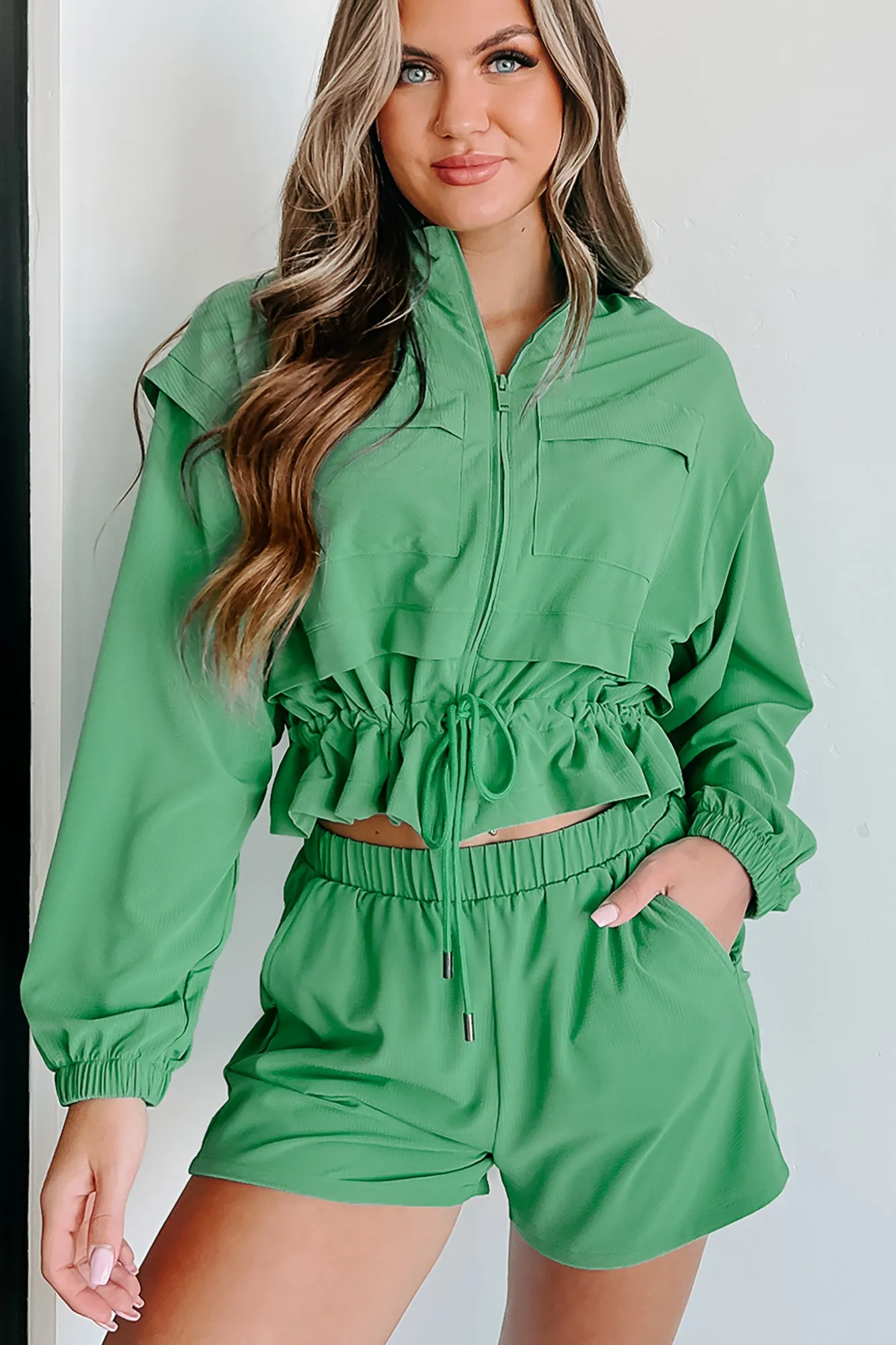 Bettering Myself Textured Woven Jacket & Shorts Active Set (Green)