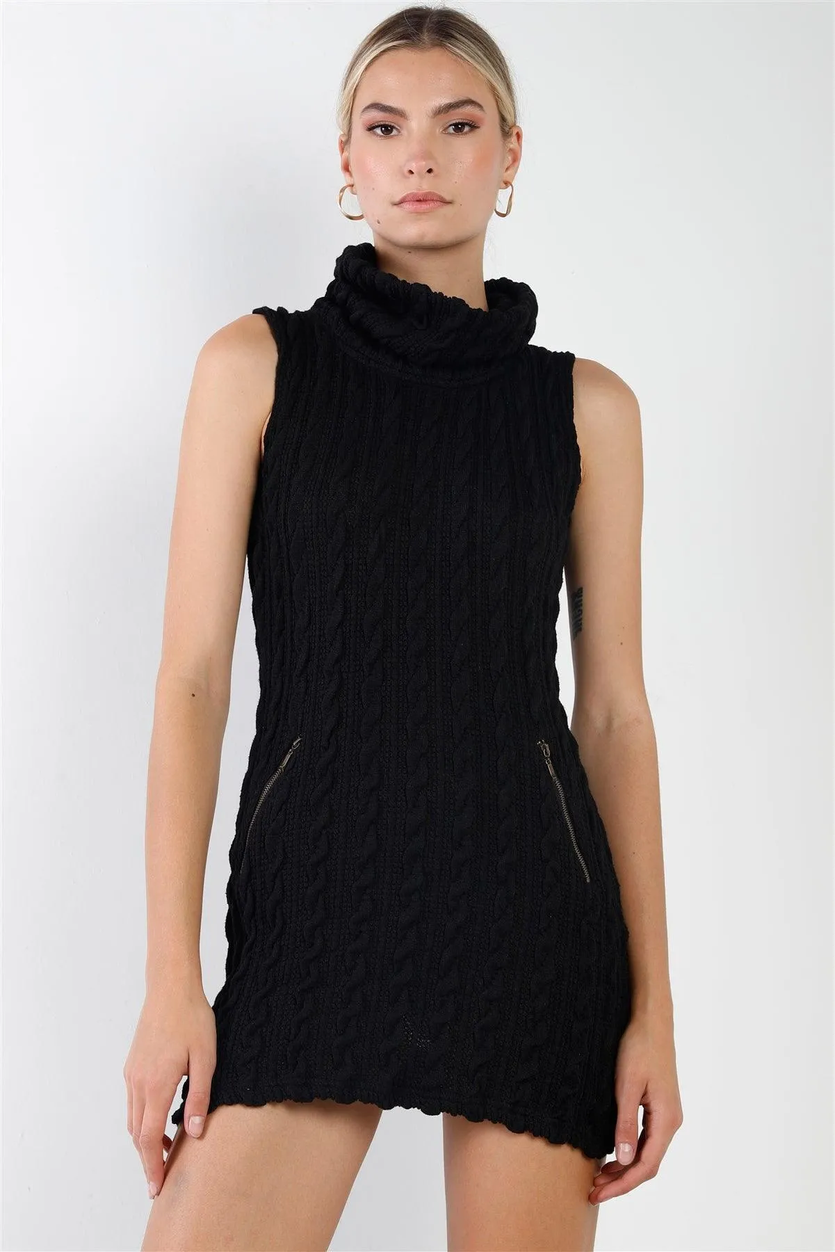 Black Cowl Neck Zip-Accent Sleeveless Boho Sweater Mini Dress /2-2-2