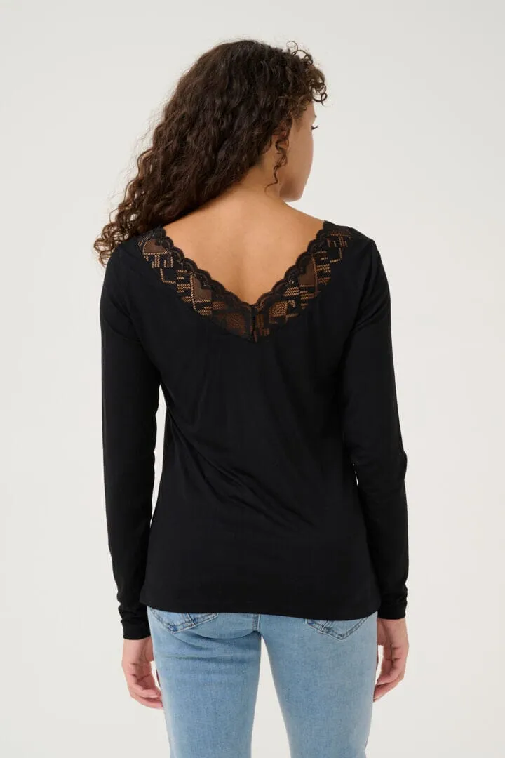 BLACK LACED TRIM V NECK LONG SLEEVE TOP