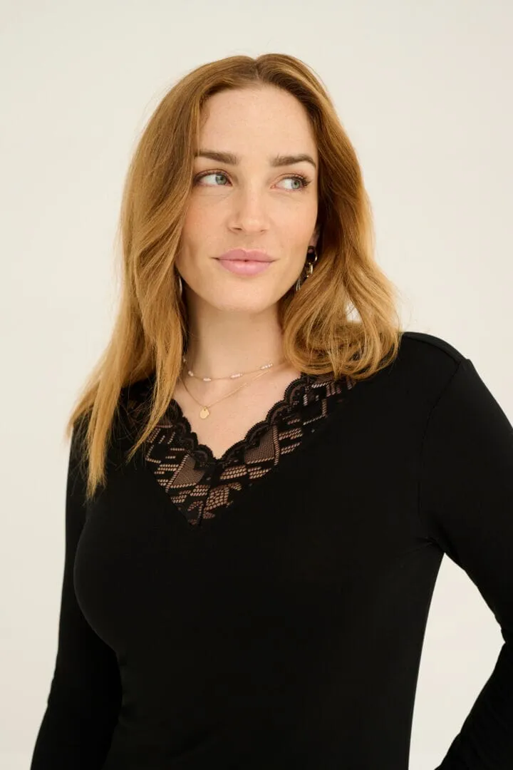 BLACK LACED TRIM V NECK LONG SLEEVE TOP