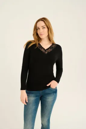 BLACK LACED TRIM V NECK LONG SLEEVE TOP