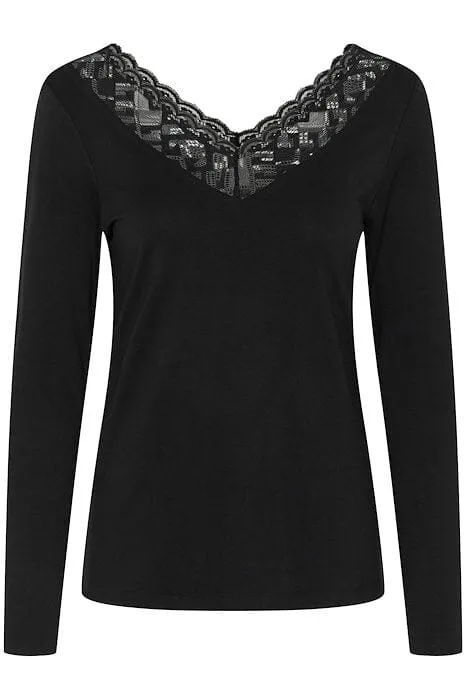BLACK LACED TRIM V NECK LONG SLEEVE TOP