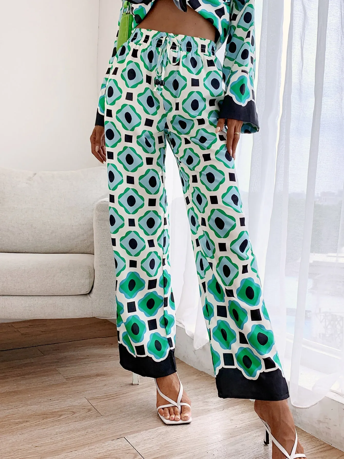 Boho All Over Print Drawstring High Waist Long Women Pants