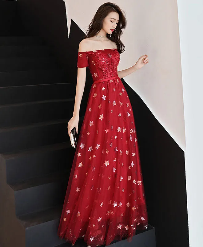 Burgundy Off Shoulder Tulle Long Prom Dress, Burgundy Evening Dress