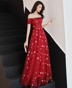 Burgundy Off Shoulder Tulle Long Prom Dress, Burgundy Evening Dress