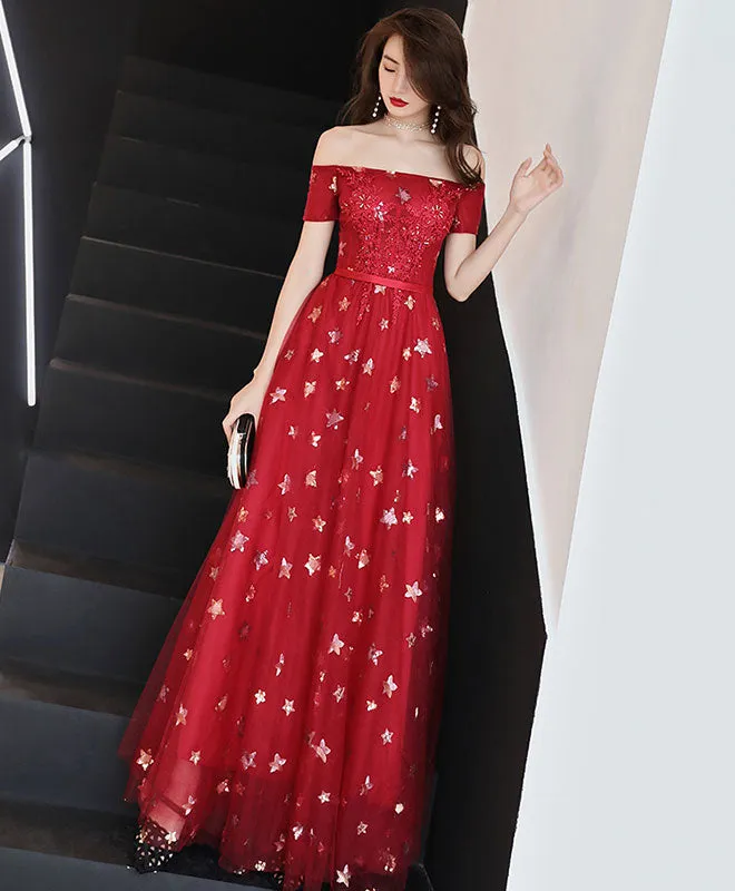 Burgundy Off Shoulder Tulle Long Prom Dress, Burgundy Evening Dress