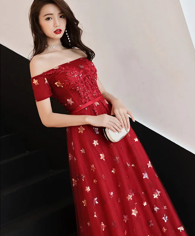 Burgundy Off Shoulder Tulle Long Prom Dress, Burgundy Evening Dress