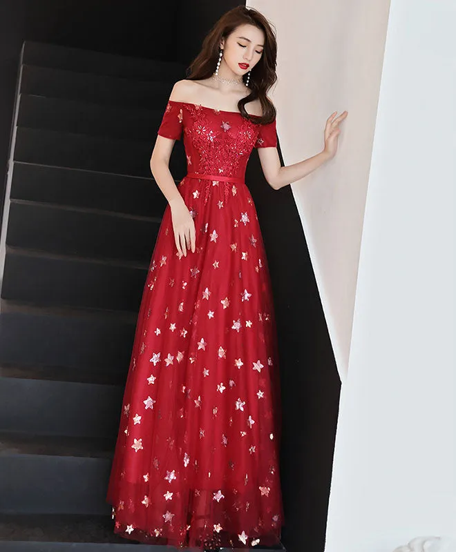 Burgundy Off Shoulder Tulle Long Prom Dress, Burgundy Evening Dress