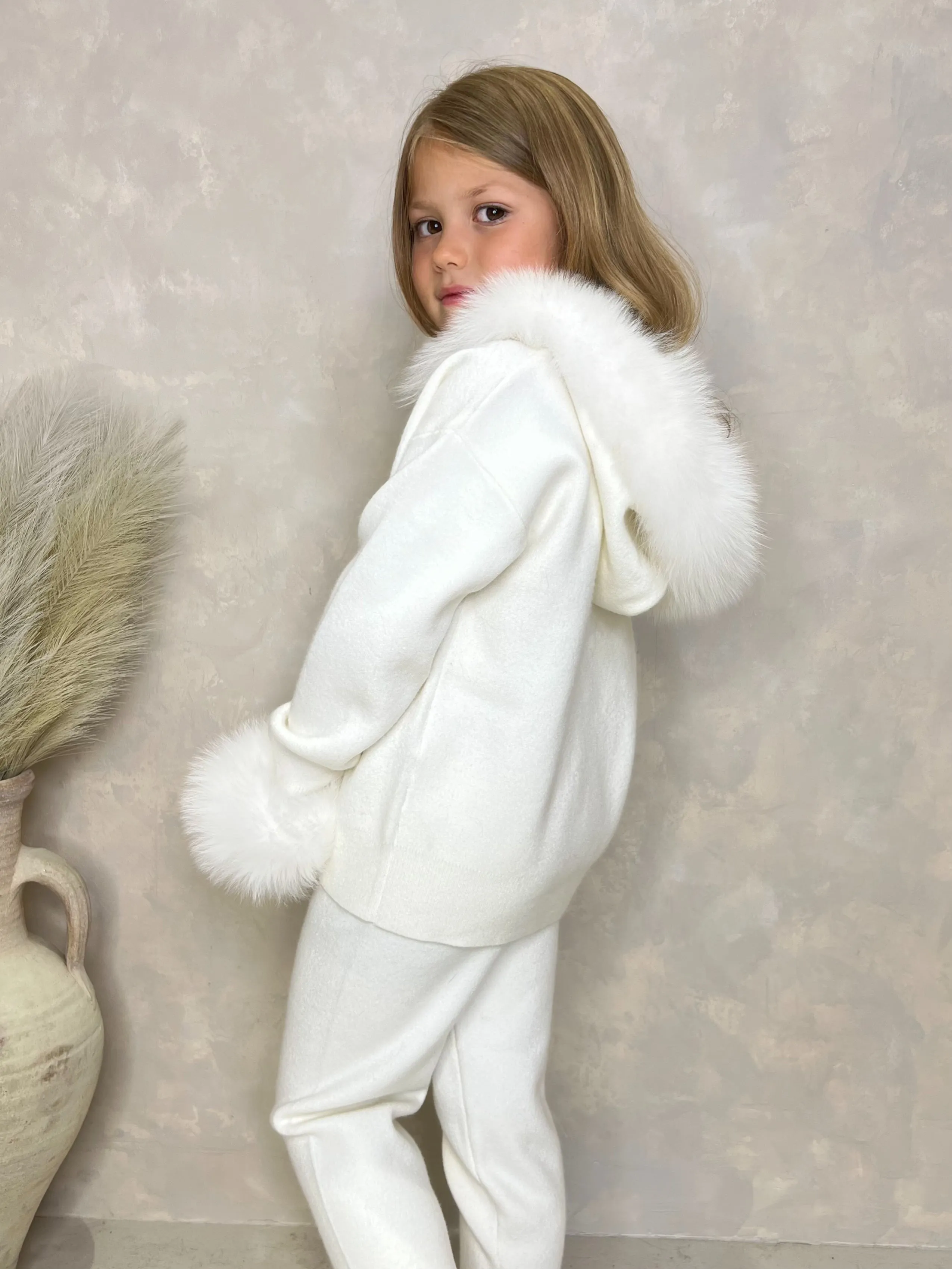 Childrens Cream Luxury Fur Trim Hood & Cuff Tracksuit