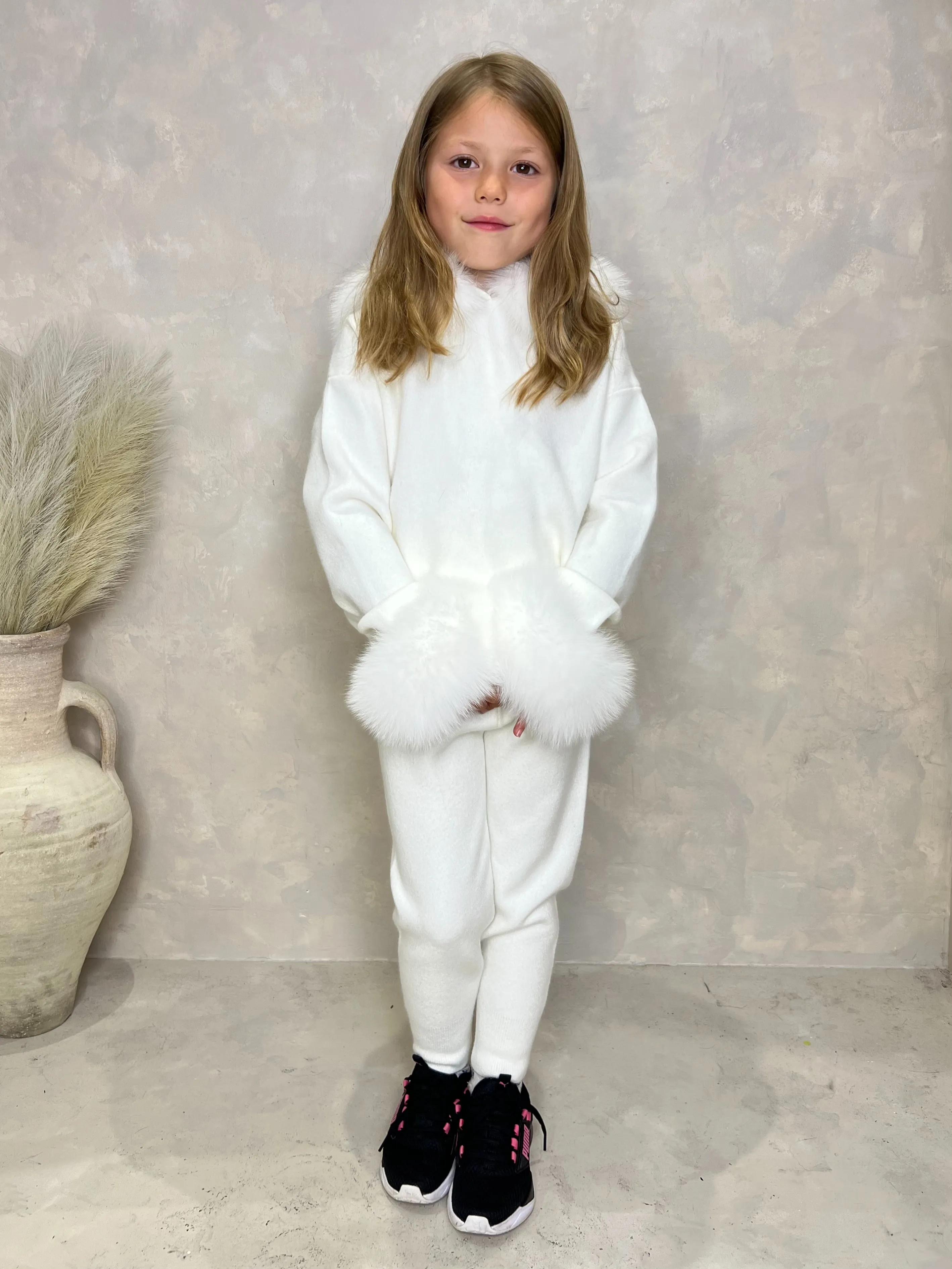Childrens Cream Luxury Fur Trim Hood & Cuff Tracksuit