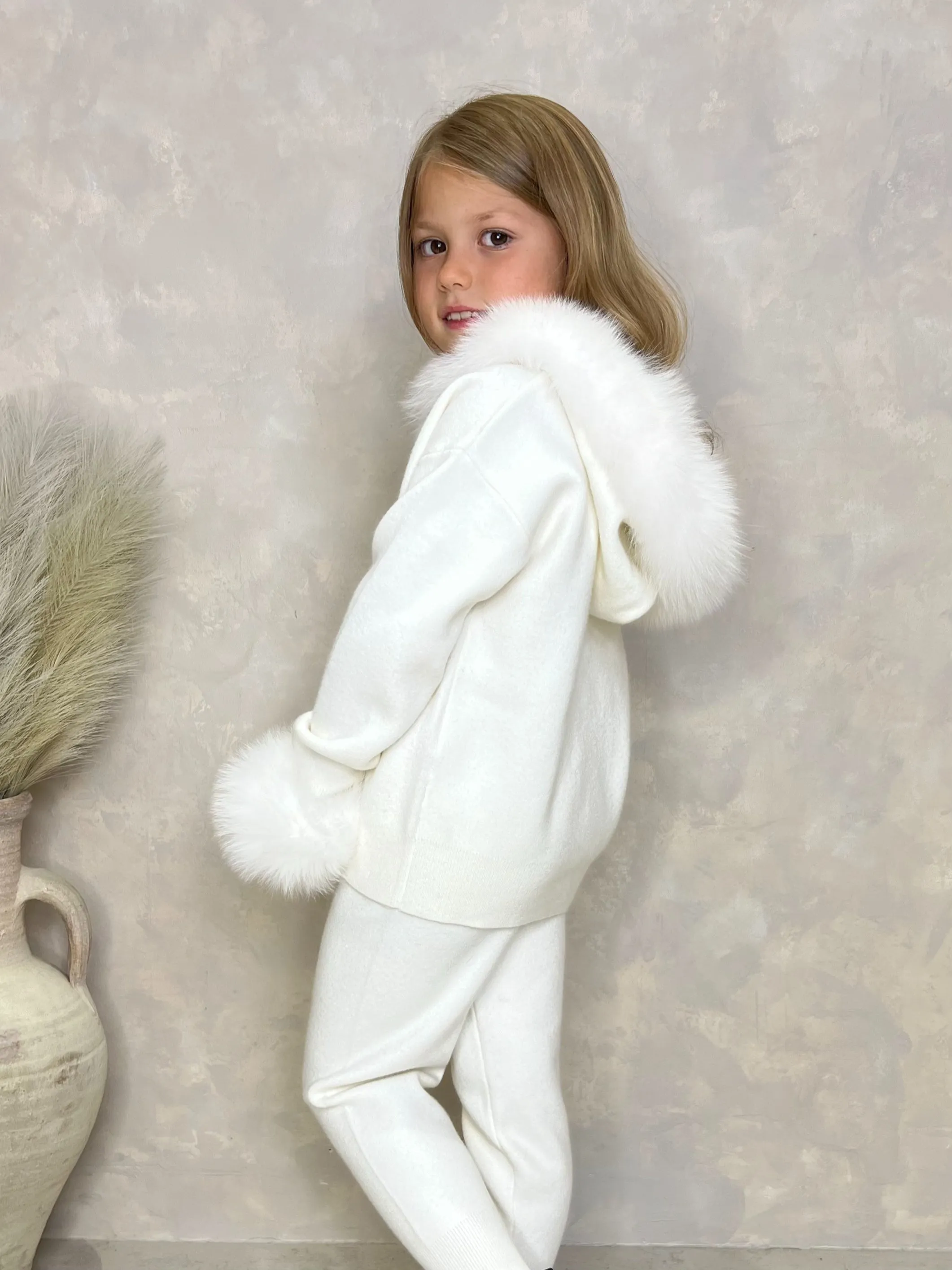 Childrens Cream Luxury Fur Trim Hood & Cuff Tracksuit