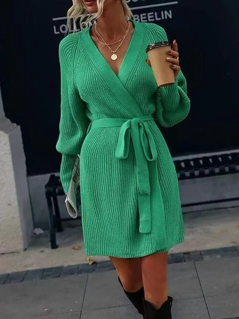 Cozy In Style Knit Long Sleeve Wrap Sweater Dress