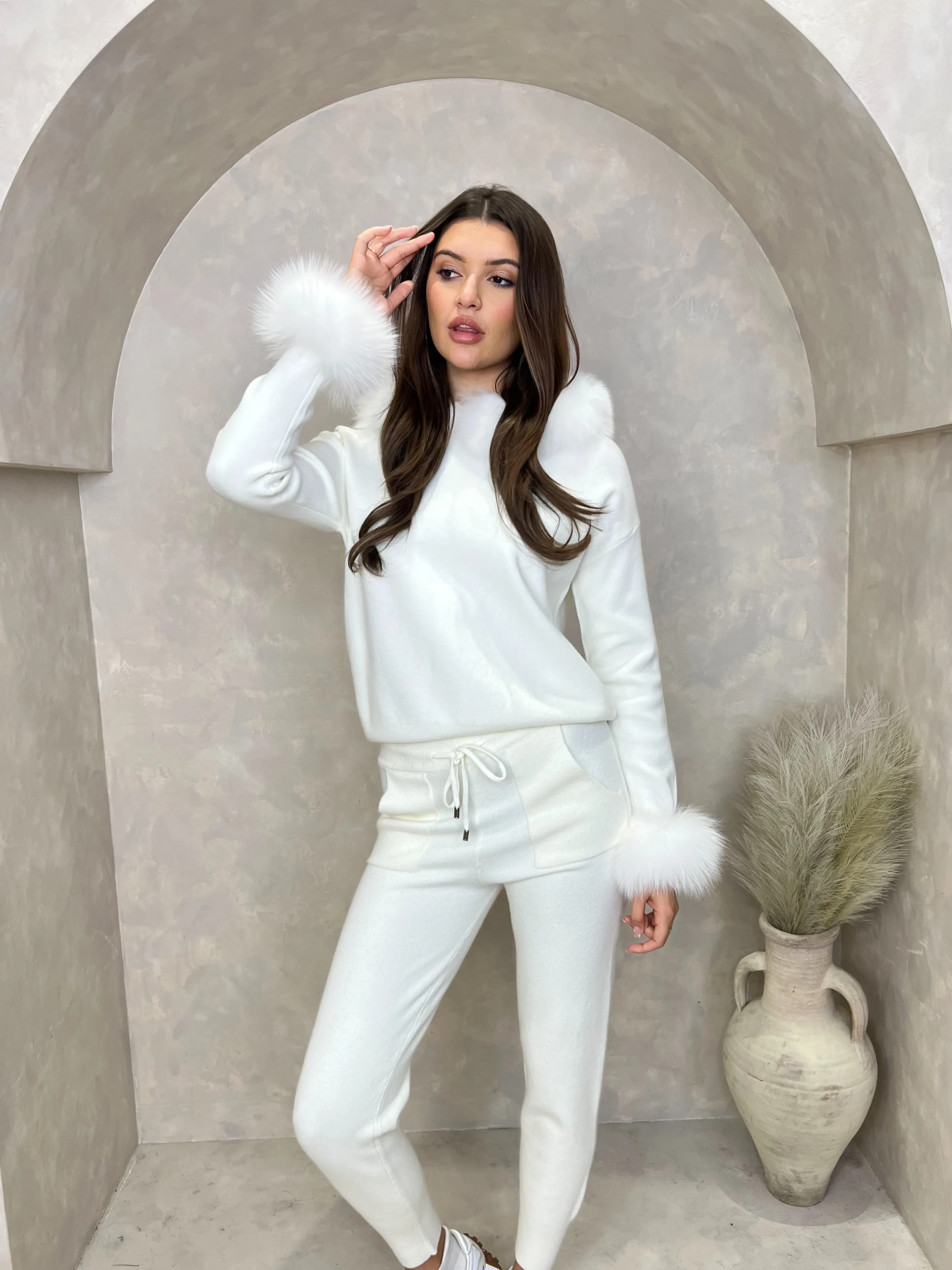 Cream Luxury Fur Trim Hood & Cuff Jogger Tracksuit