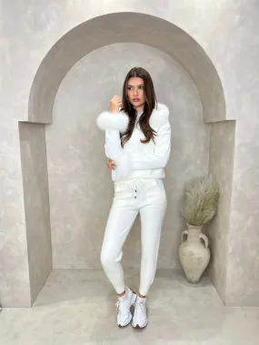 Cream Luxury Fur Trim Hood & Cuff Jogger Tracksuit
