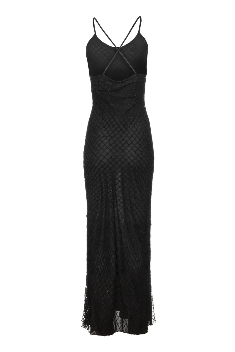 CROCHETED COTTON-BLEND BLACK MAXI DRESS