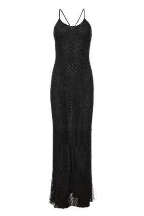 CROCHETED COTTON-BLEND BLACK MAXI DRESS