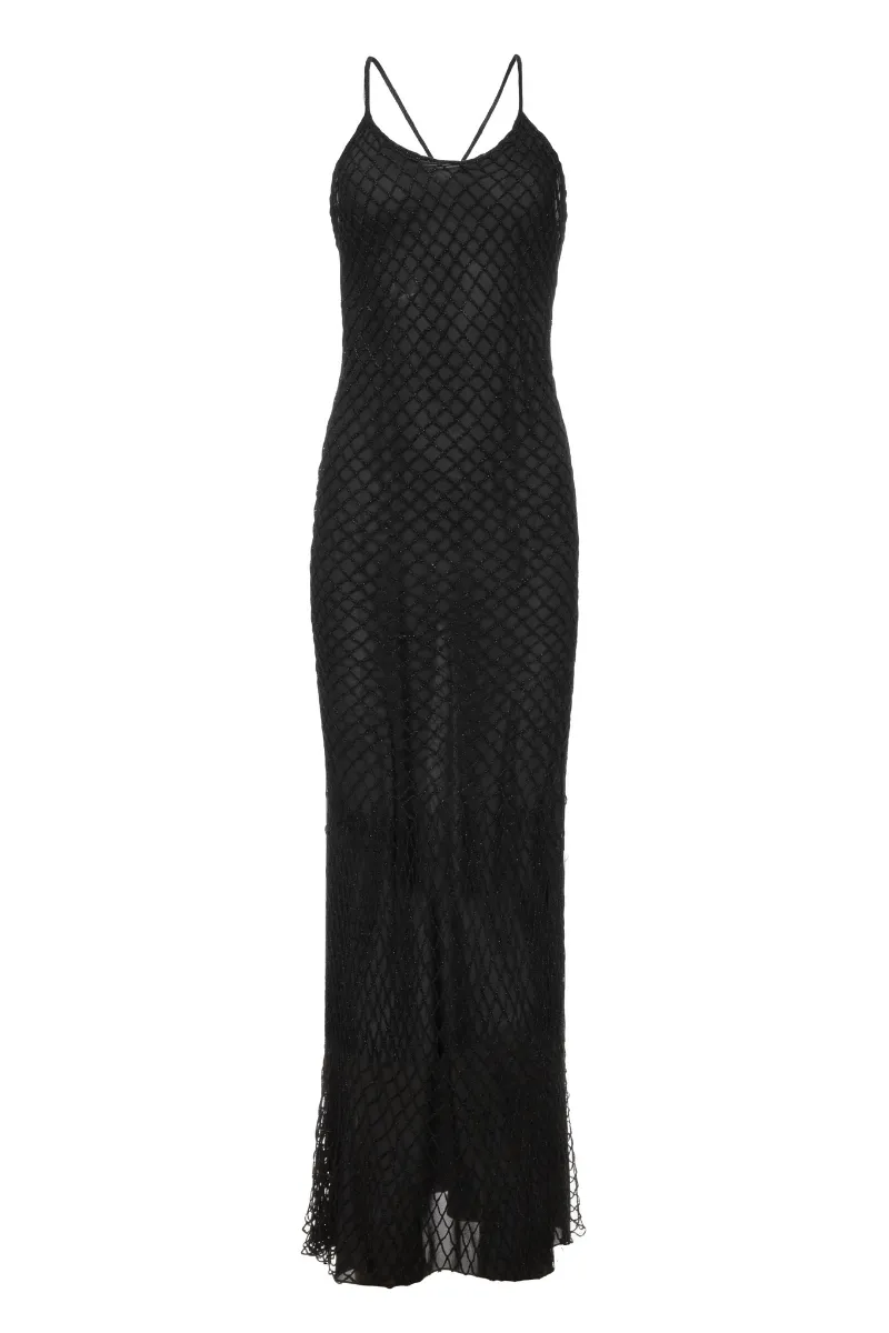 CROCHETED COTTON-BLEND BLACK MAXI DRESS