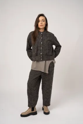 Cropped Band Collar Striped Jacket