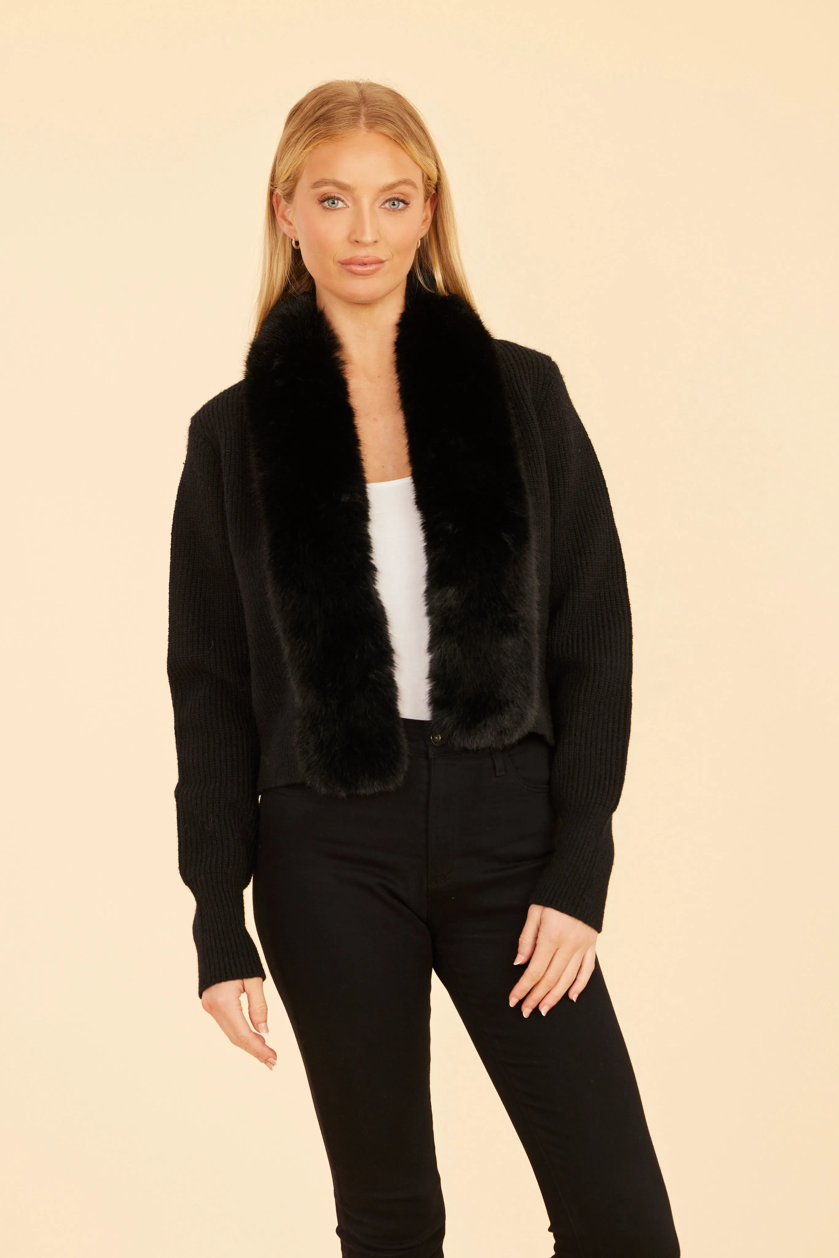 Cropped Cardigan with Faux Fur Trim