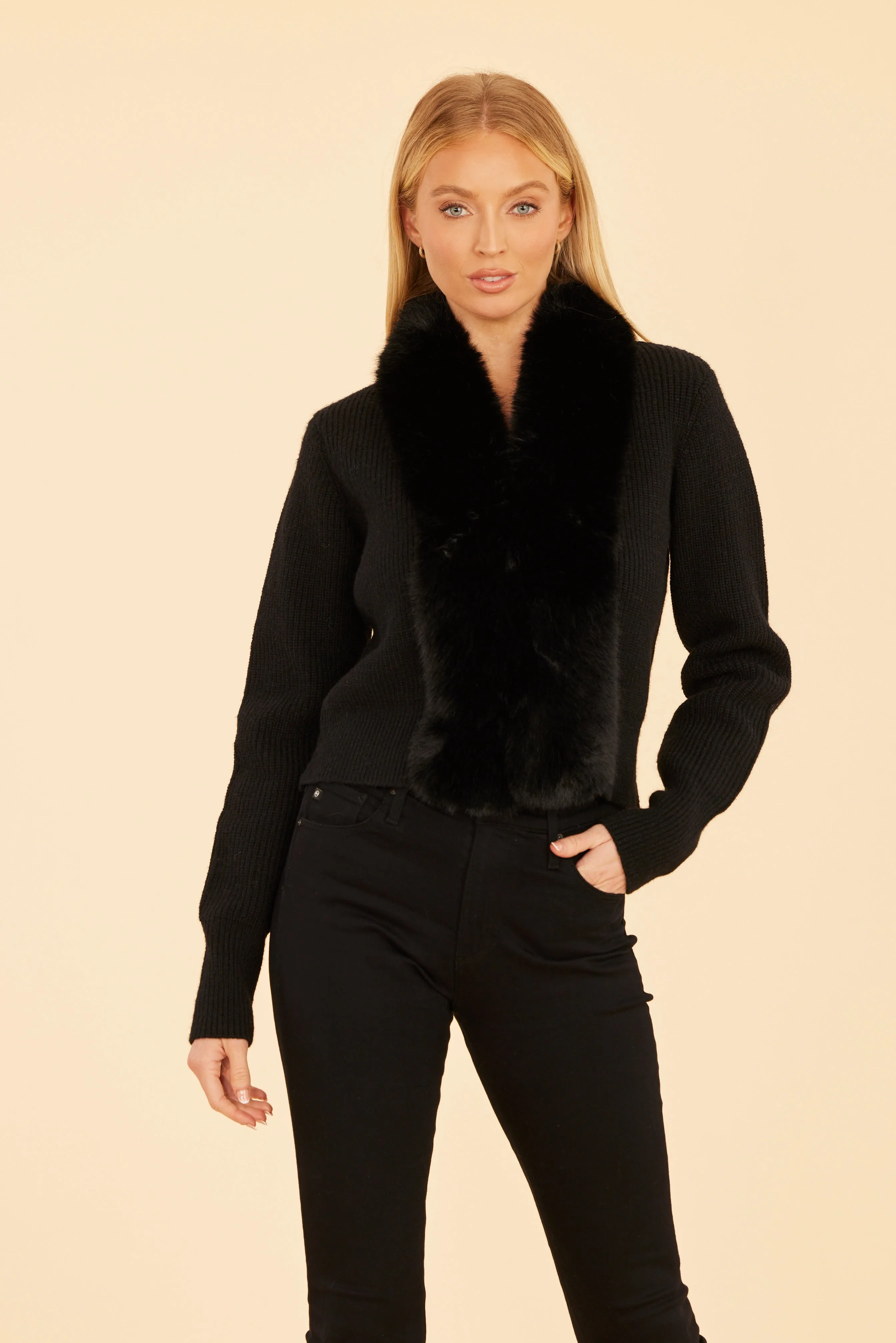 Cropped Cardigan with Faux Fur Trim