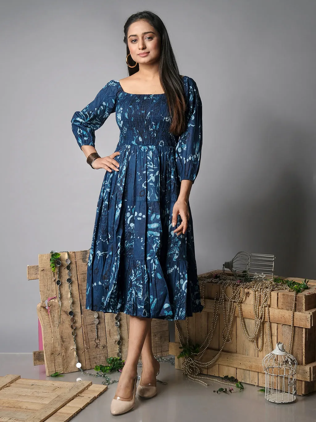 Ekisha's women shibori printed navy cotton midi dress