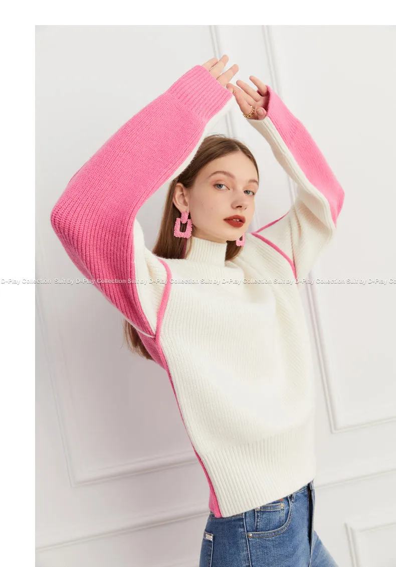 Fall autumn turtleneck contrast pink white colorblock loose sweater - Daniq