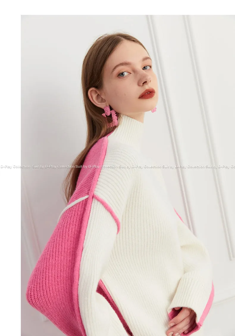 Fall autumn turtleneck contrast pink white colorblock loose sweater - Daniq