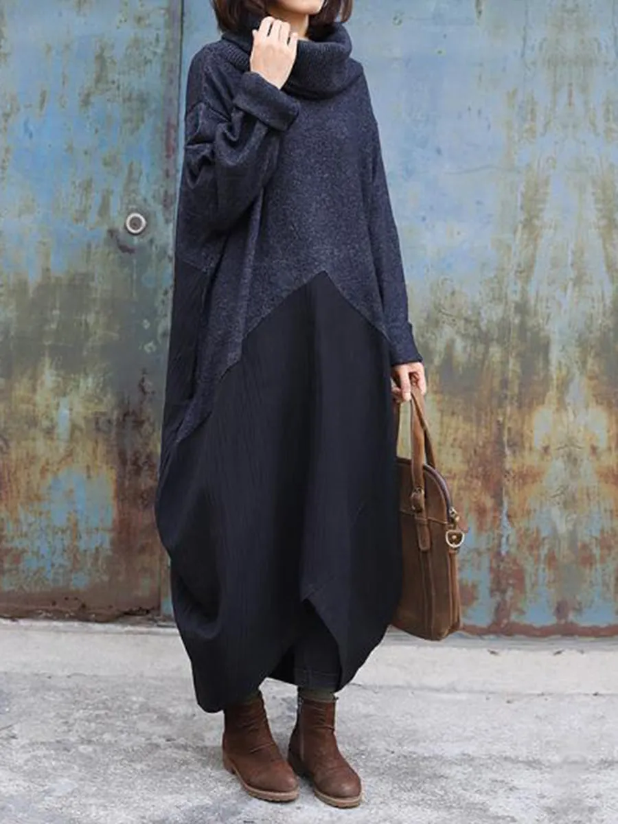 Fashion Solid Color Loose High Collar Dress