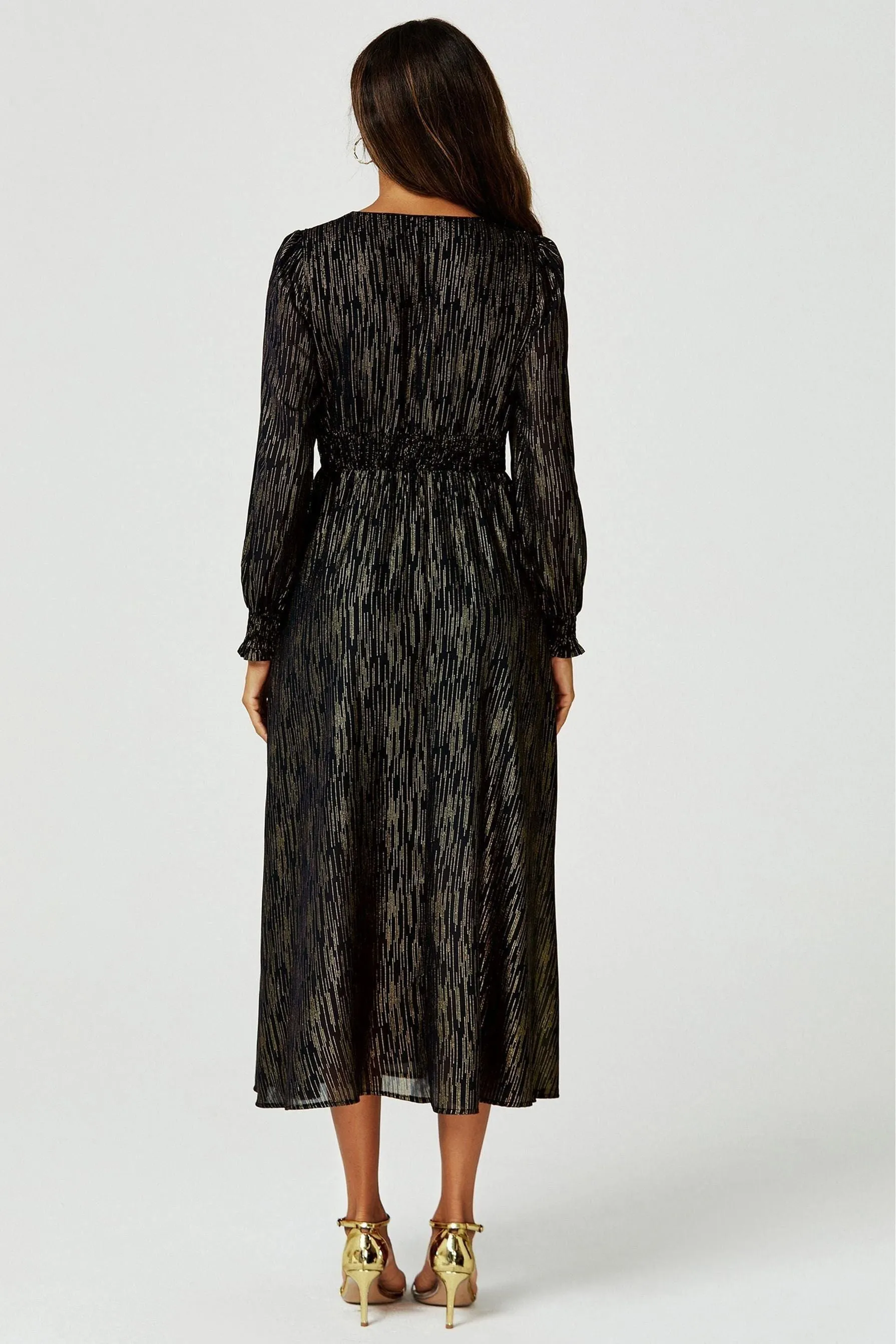FS Collection Gold Stripe Foil Long Sleeve Maxi Dress In Black