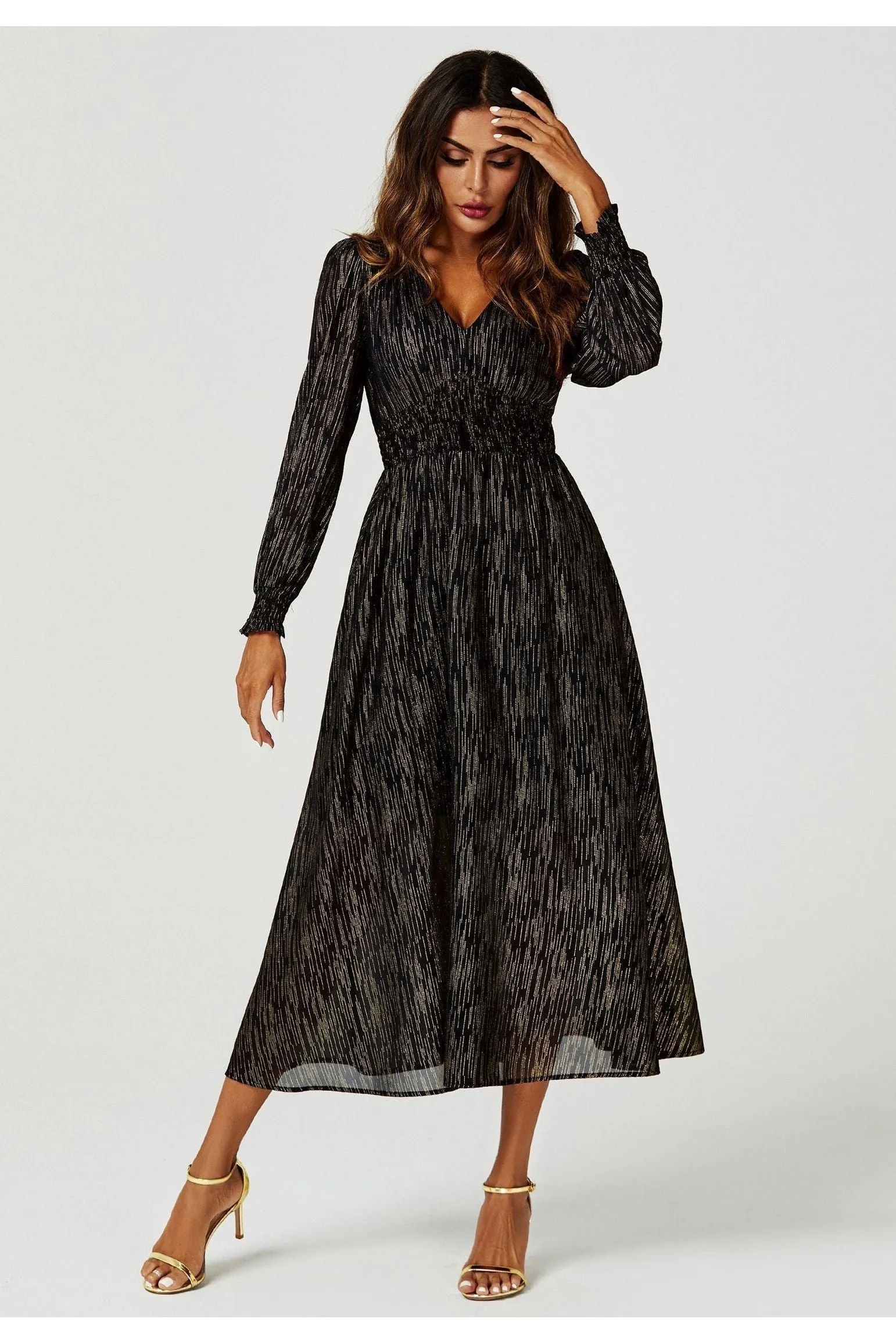 FS Collection Gold Stripe Foil Long Sleeve Maxi Dress In Black