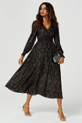 FS Collection Gold Stripe Foil Long Sleeve Maxi Dress In Black