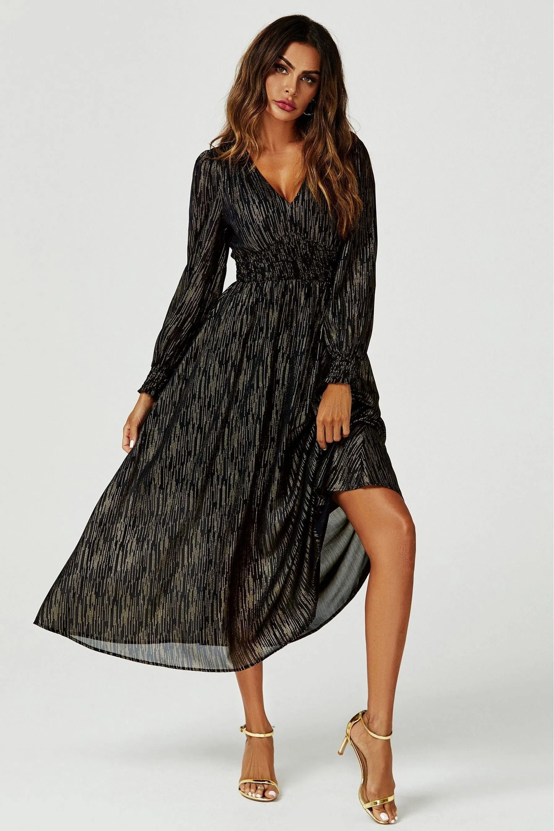 FS Collection Gold Stripe Foil Long Sleeve Maxi Dress In Black