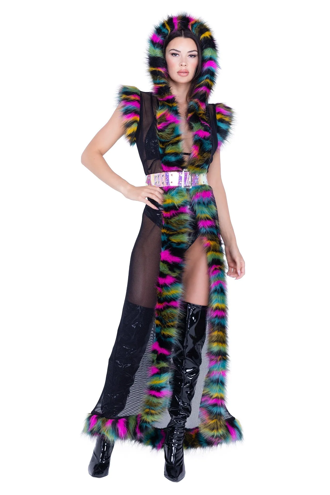 Fur Trimmed Fishnet Duster with Belt