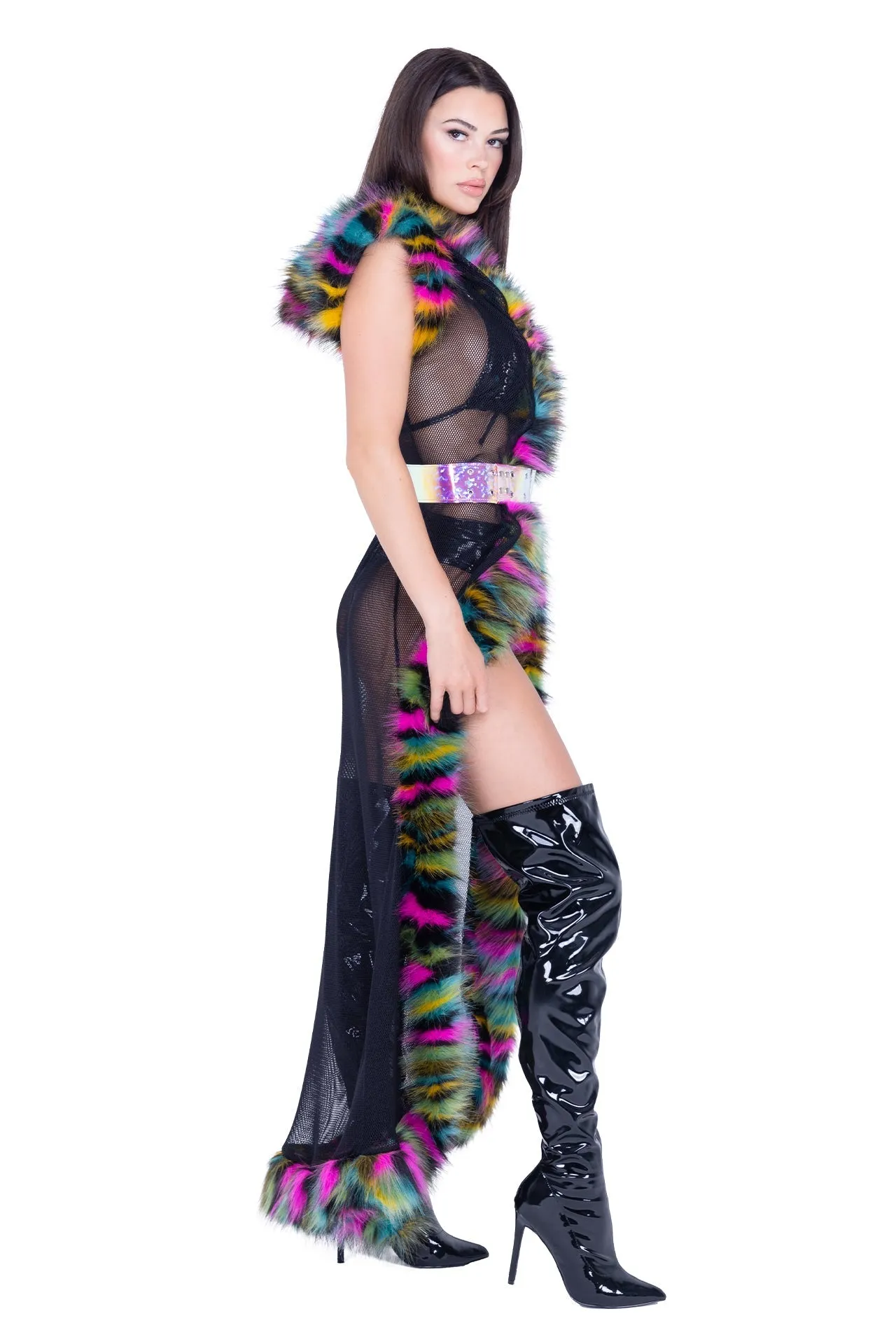 Fur Trimmed Fishnet Duster with Belt