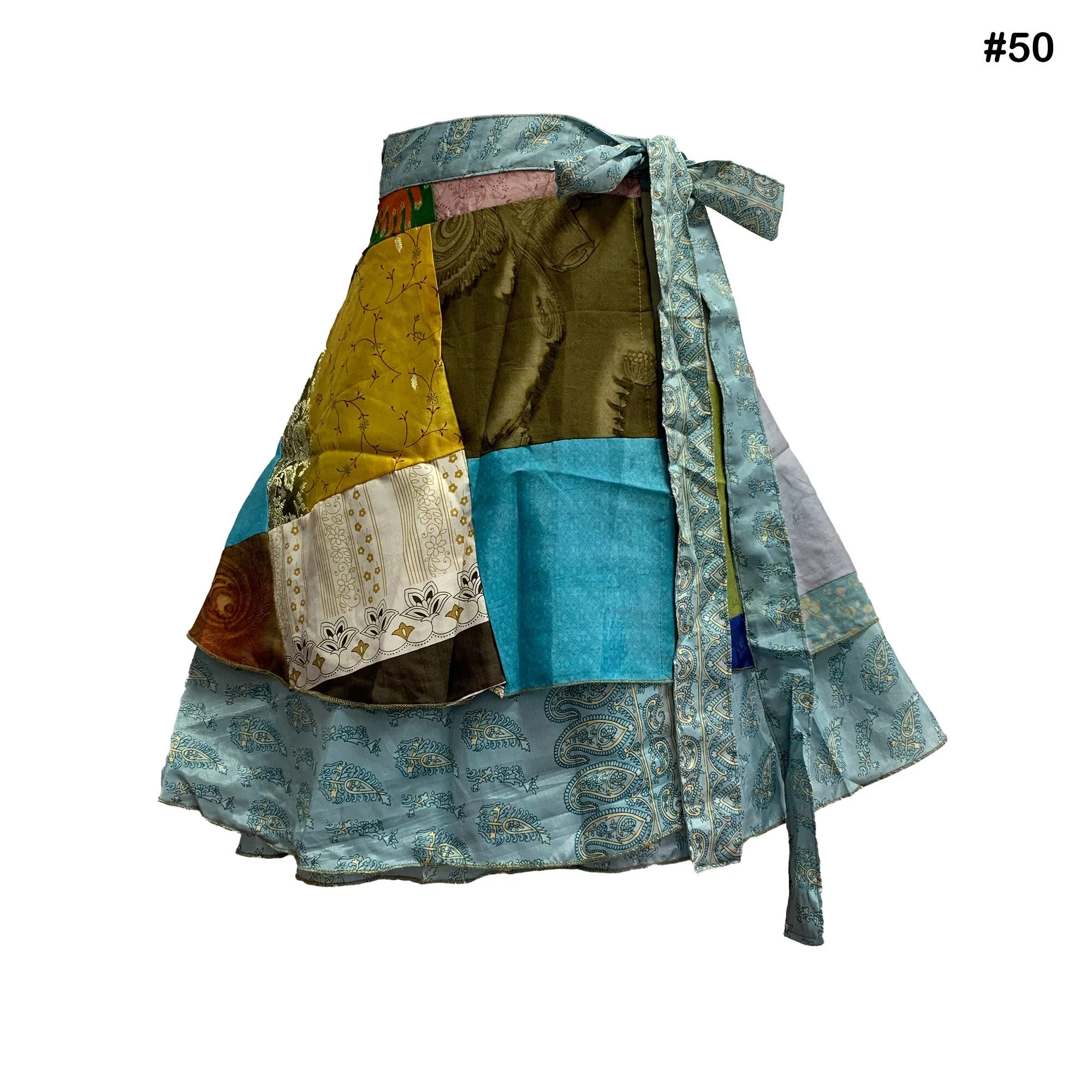 Handmade Patchwork Indian Bohemian Recycled Vintage Silk Frabric Reversible Wrap-Around Mini Midi Skirt