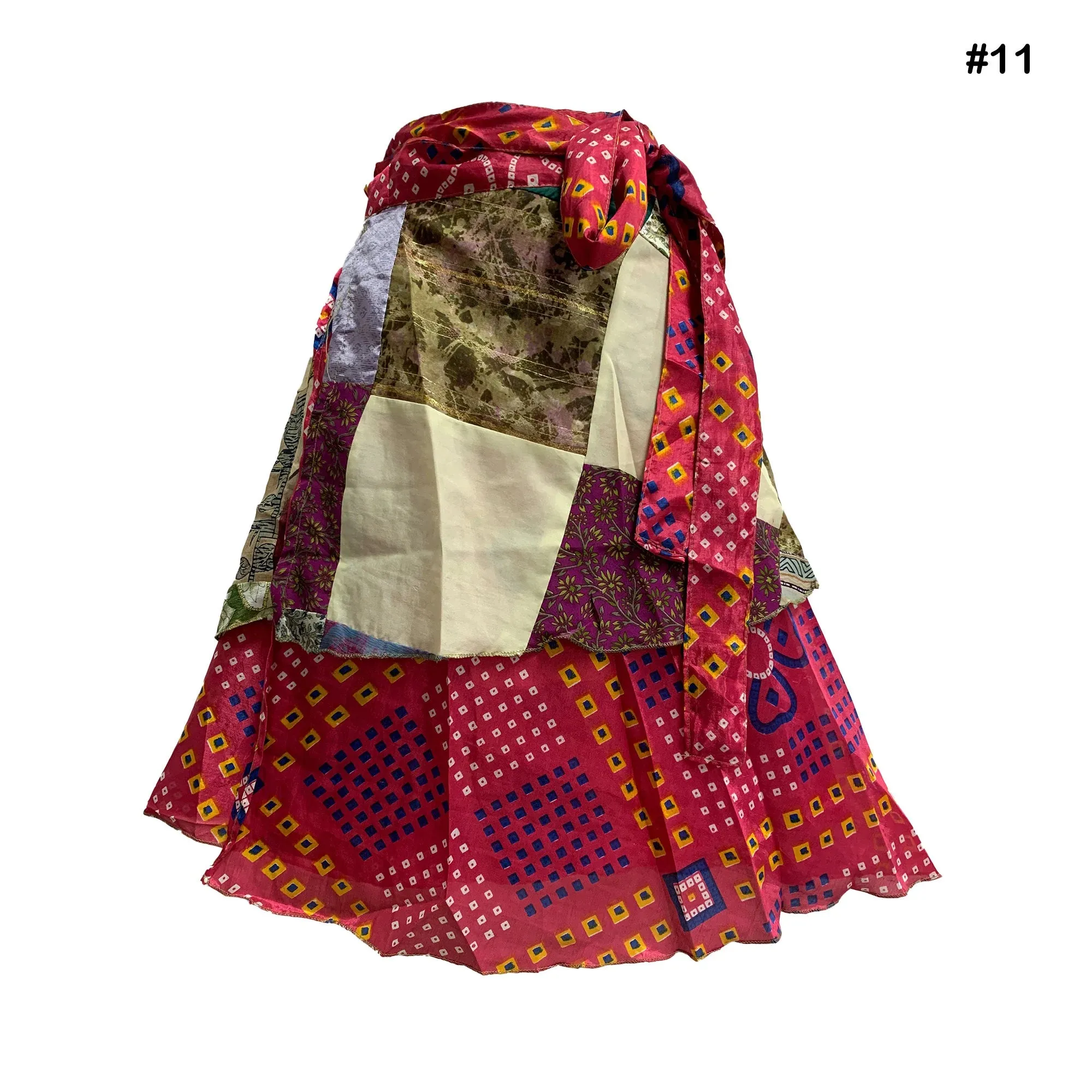 Handmade Patchwork Indian Bohemian Recycled Vintage Silk Frabric Reversible Wrap-Around Mini Midi Skirt
