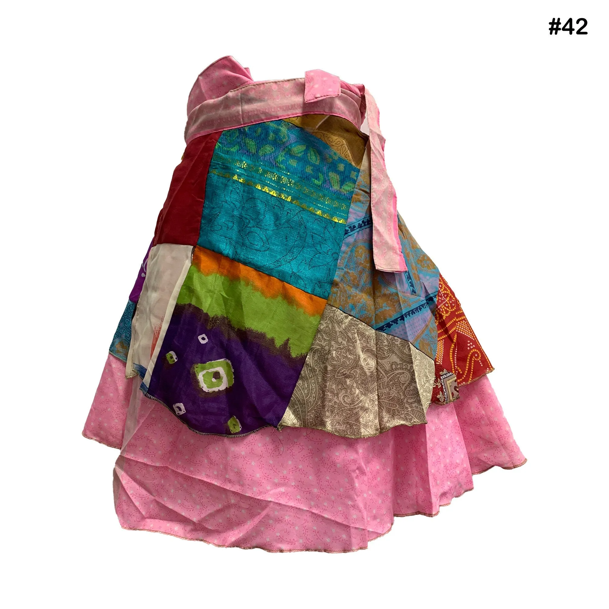 Handmade Patchwork Indian Bohemian Recycled Vintage Silk Frabric Reversible Wrap-Around Mini Midi Skirt