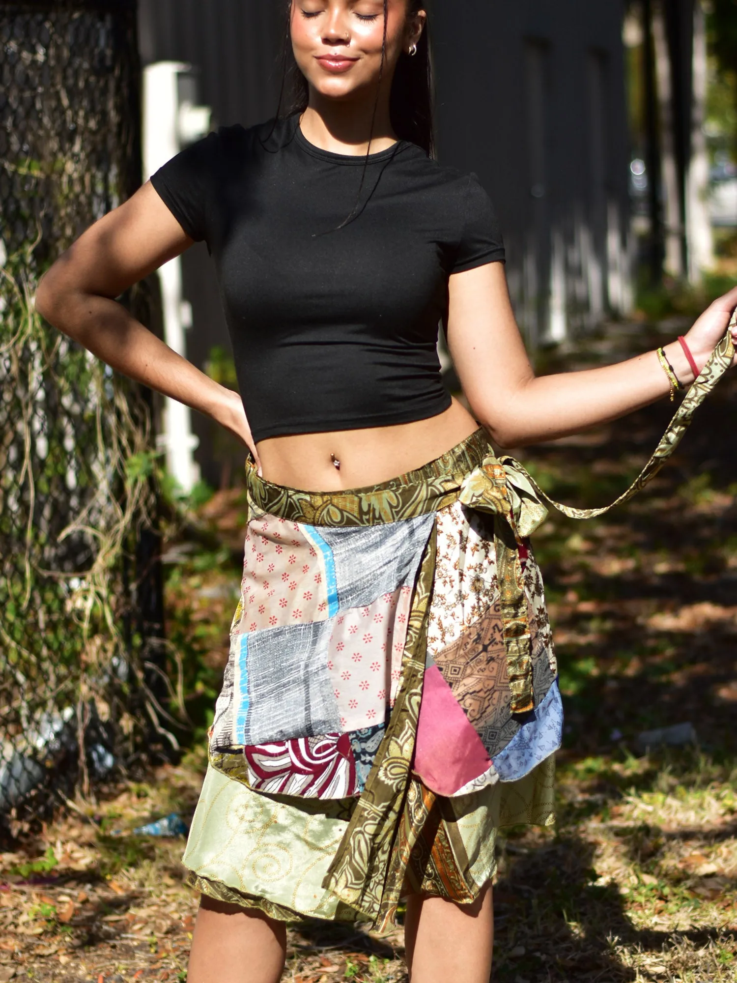 Handmade Patchwork Indian Bohemian Recycled Vintage Silk Frabric Reversible Wrap-Around Mini Midi Skirt